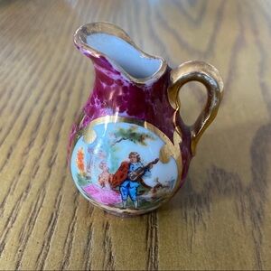 Limoges France Mini Pitcher Tea Vase with Handle Decorative - Gold & Burgundy